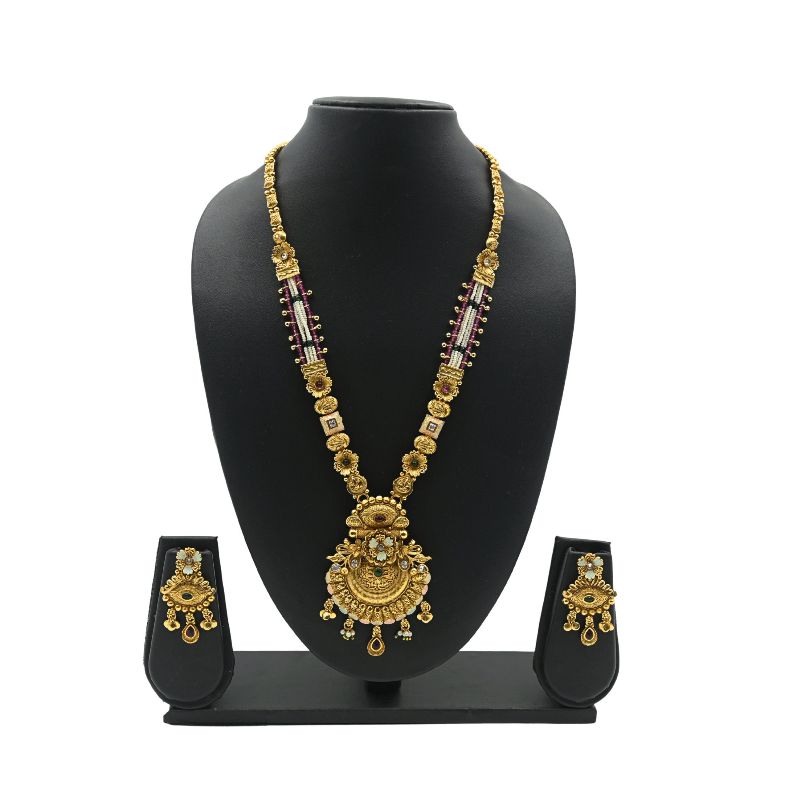 Diadeep Antique Gold-Plated Temple Necklace Set for Women | South Indian Bridal Long Haram with Kundan & Bead Work | Traditional Handcrafted Jewellery Set with Earrings | Imitation Gold Jewellery India