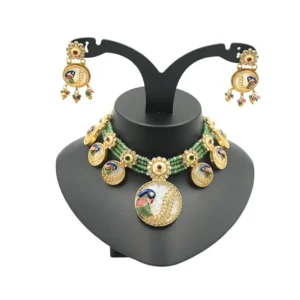 Diadeep Enamel Peacock Design Gold-Plated Choker Necklace Set for Women | Handcrafted Kundan & Green Bead Traditional Jewellery | Royal Bridal Jewellery Set with Earrings | Festive & Wedding Wear | Imitation Jewellery India