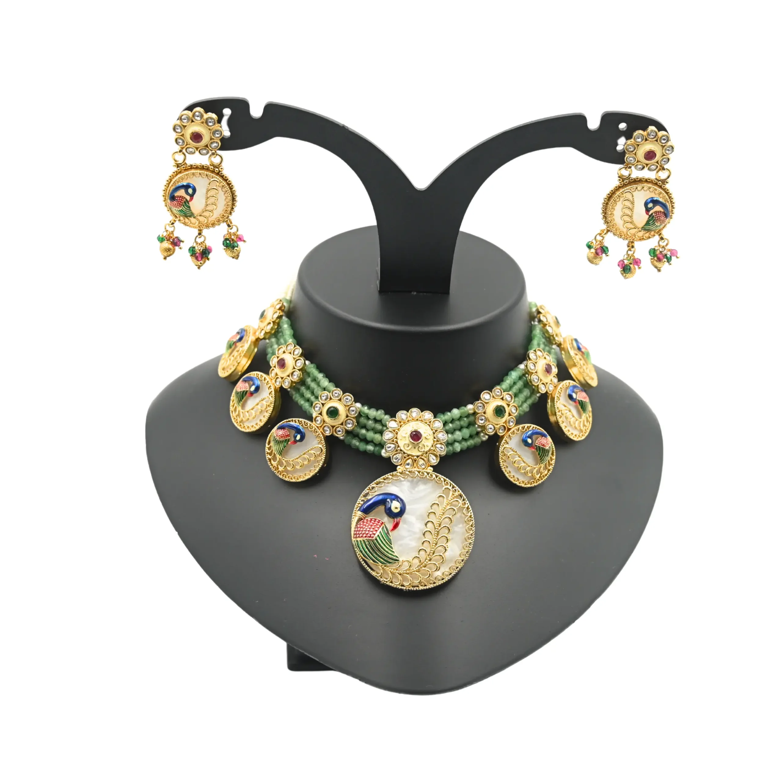 Diadeep Enamel Peacock Design Gold-Plated Choker Necklace Set for Women | Handcrafted Kundan & Green Bead Traditional Jewellery | Royal Bridal Jewellery Set with Earrings | Festive & Wedding Wear | Imitation Jewellery India
