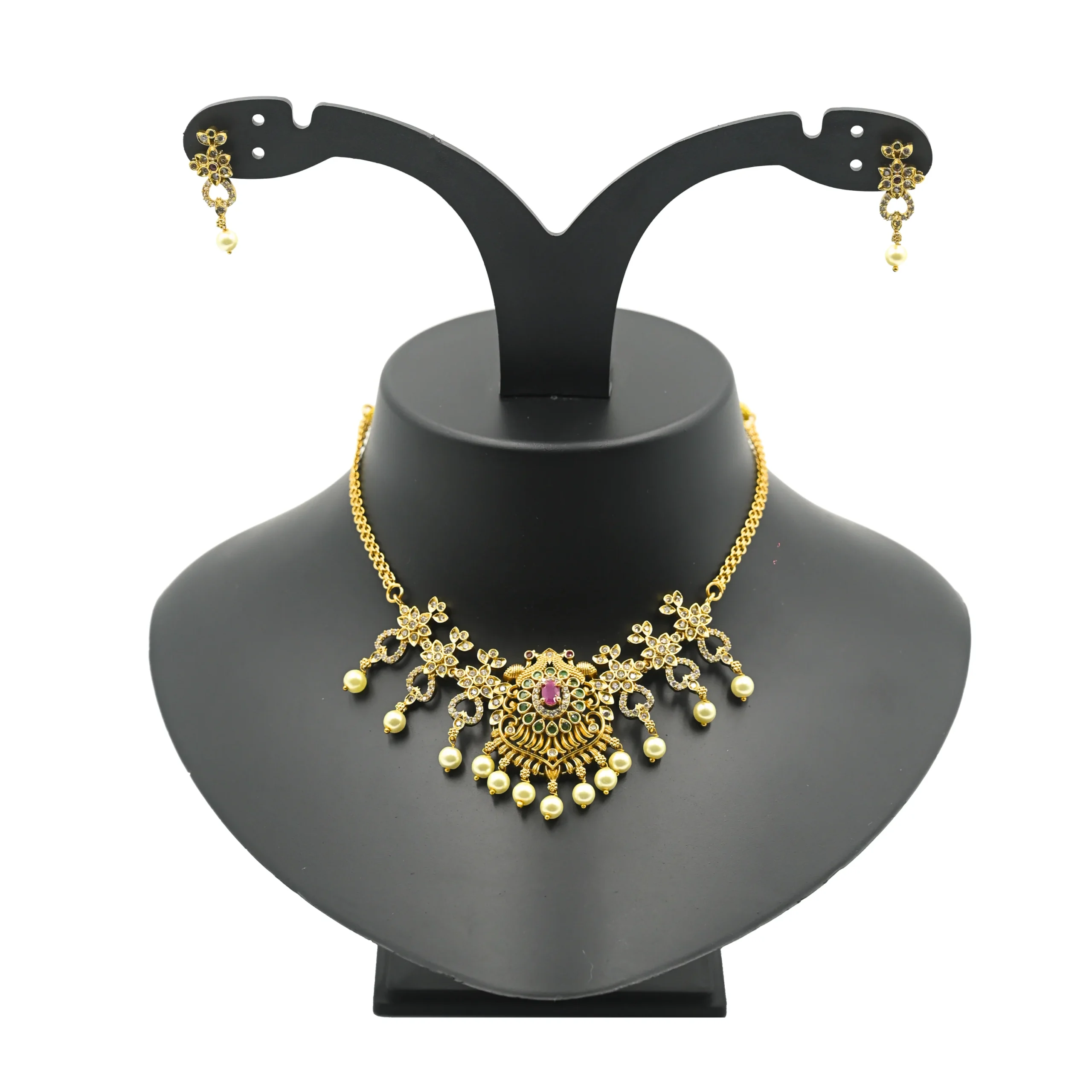 Diadeep Gold-Plated Ruby & Pearl Necklace for Women | Traditional Handcrafted Antique Jewellery | Designer Temple Necklace with American Diamonds | Festive & Wedding Wear | Imitation Jewellery India