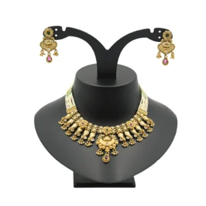 Diadeep Antique Temple Jewellery Gold-Plated Lakshmi Necklace Set for Women | Traditional South Indian Bridal Jewellery with Ruby & Green Stones | Handcrafted Temple Necklace with Jhumka Earrings | Imitation Jewellery India