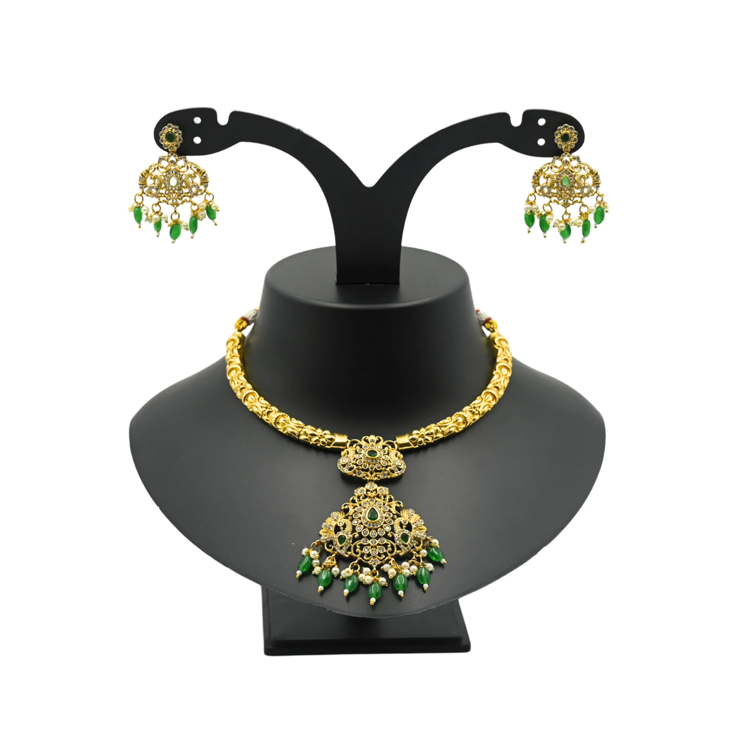 Diadeep Traditional Temple Jewellery Gold-Plated Green & White Stone Necklace Set for Women | Handcrafted Antique Jewellery with Matching Jhumka Earrings | Bridal & Festive Wear | Imitation Jewellery India