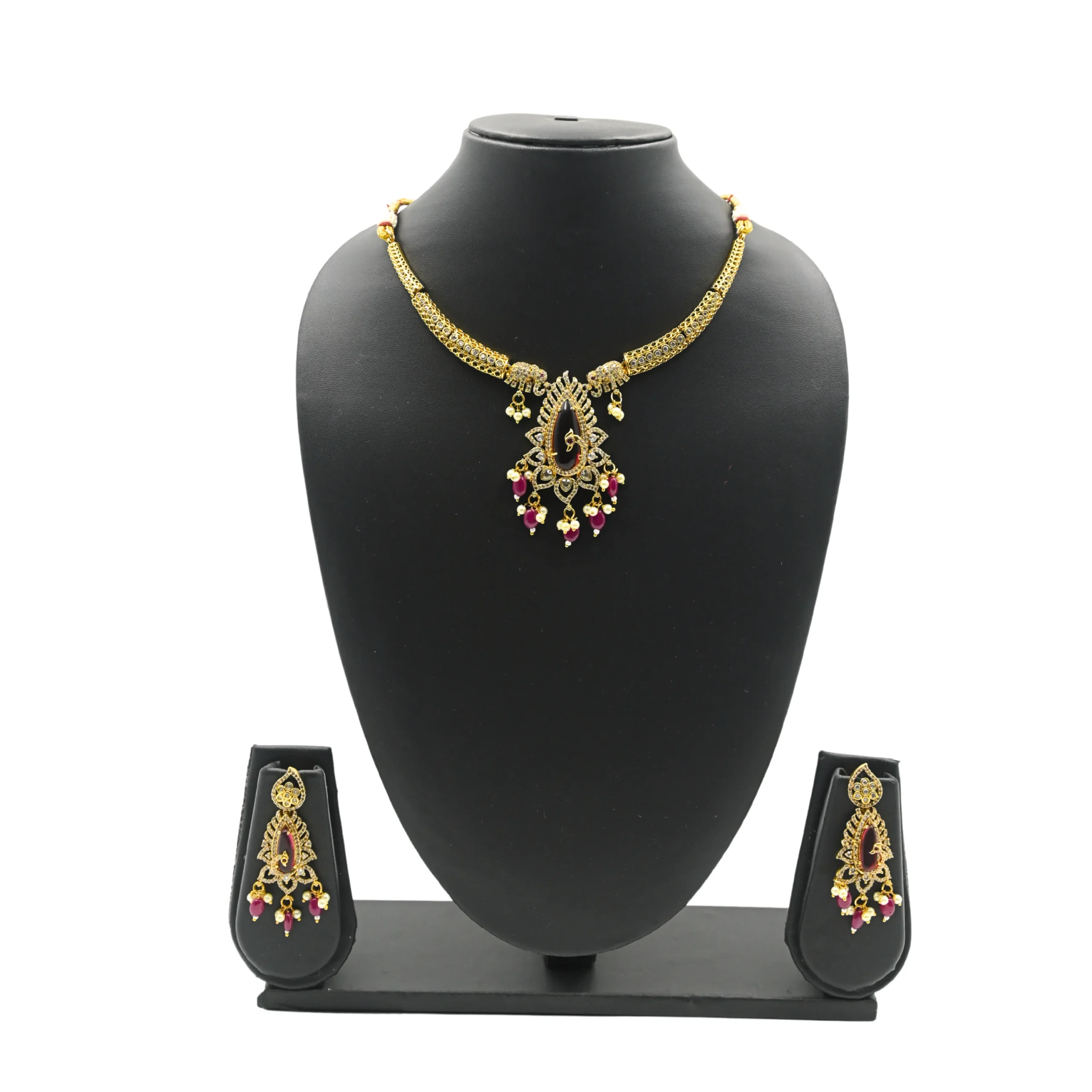 Diadeep Antique Gold-Plated Ruby & Pearl Necklace Set for Women | Traditional Handcrafted Jewellery with Matching Earrings | Bridal & Festive Wear Temple Jewellery | Imitation Jewellery India