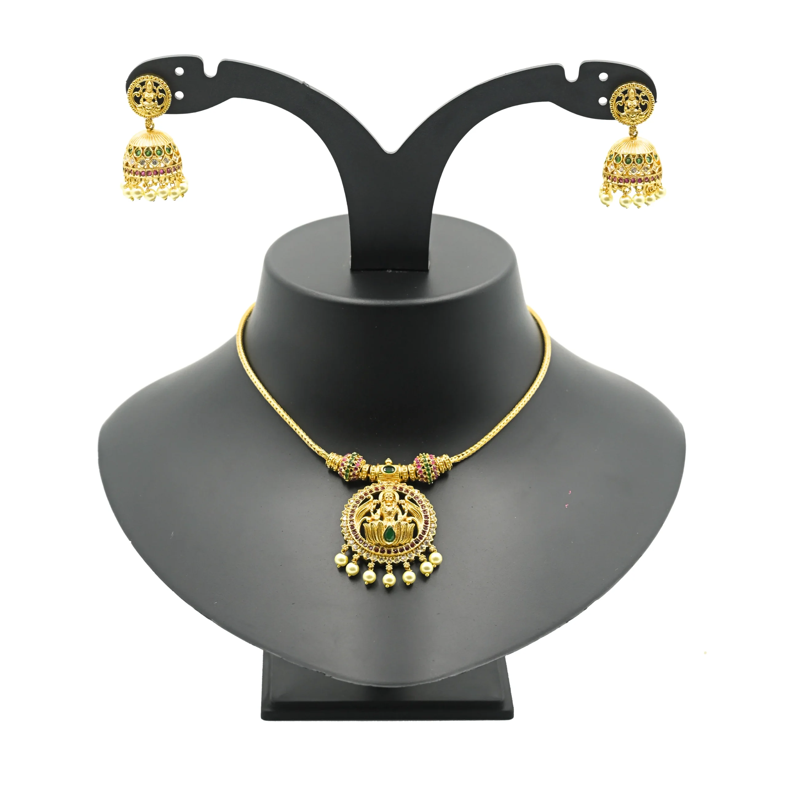 Diadeep Traditional Temple Jewellery Gold-Plated Lakshmi Pendant Necklace Set for Women | Ruby & Green Stone Handcrafted Jewellery with Pearl Drops | Bridal & Festive Wear Set | Imitation Jewellery India - Image 3