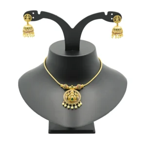 Diadeep Traditional Temple Jewellery Gold-Plated Lakshmi Pendant Necklace Set for Women | Ruby & Green Stone Handcrafted Jewellery with Pearl Drops | Bridal & Festive Wear Set | Imitation Jewellery India