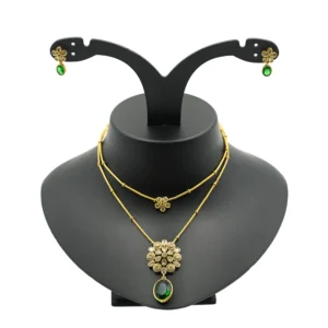 Diadeep Double Layer Gold-Plated Green Stone & American Diamond Necklace Set for Women | Traditional Bridal Jewellery Set | Handcrafted Designer Temple Jewellery India | Imitation Jewellery Online