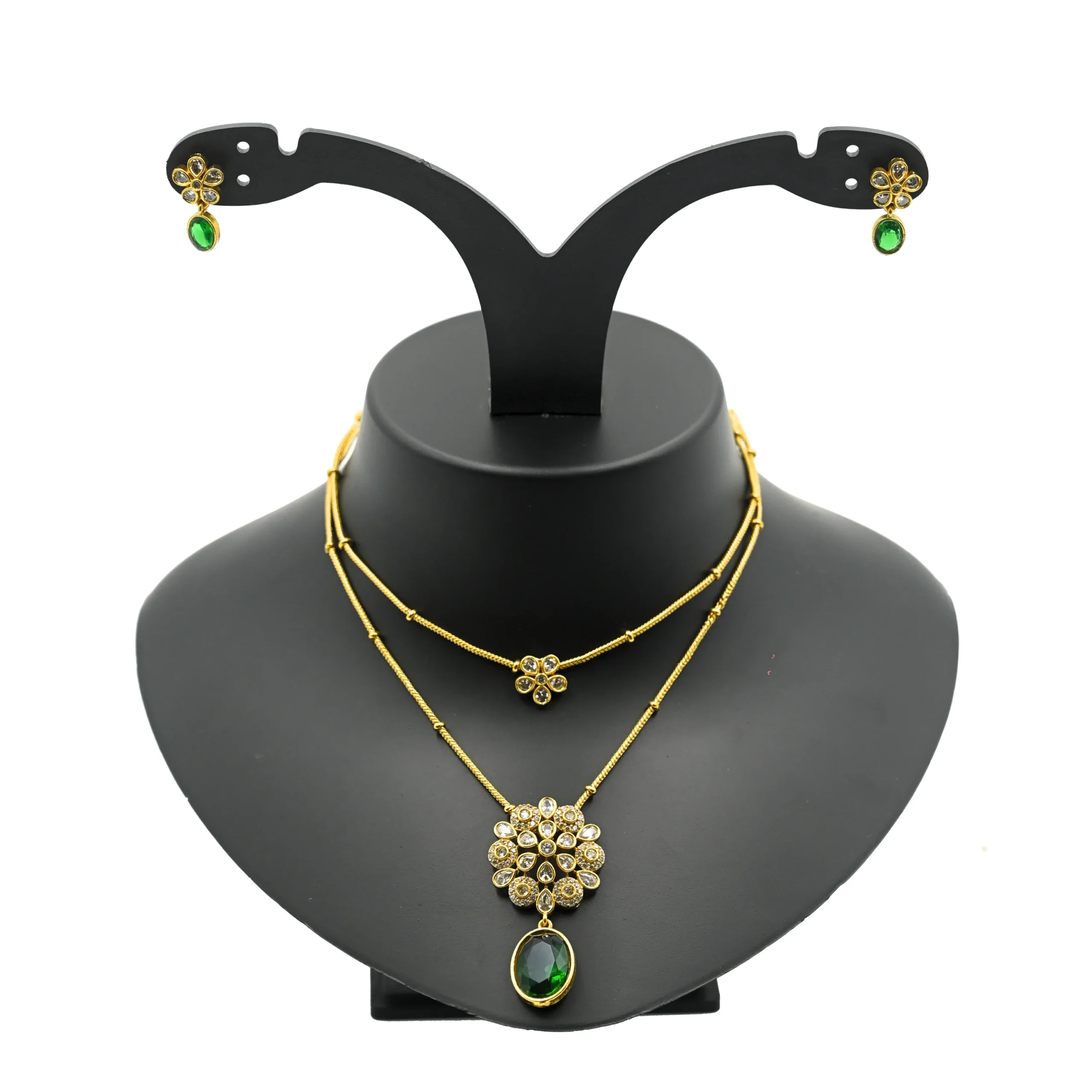 Diadeep Double Layer Gold-Plated Green Stone & American Diamond Necklace Set for Women | Traditional Bridal Jewellery Set | Handcrafted Designer Temple Jewellery India | Imitation Jewellery Online
