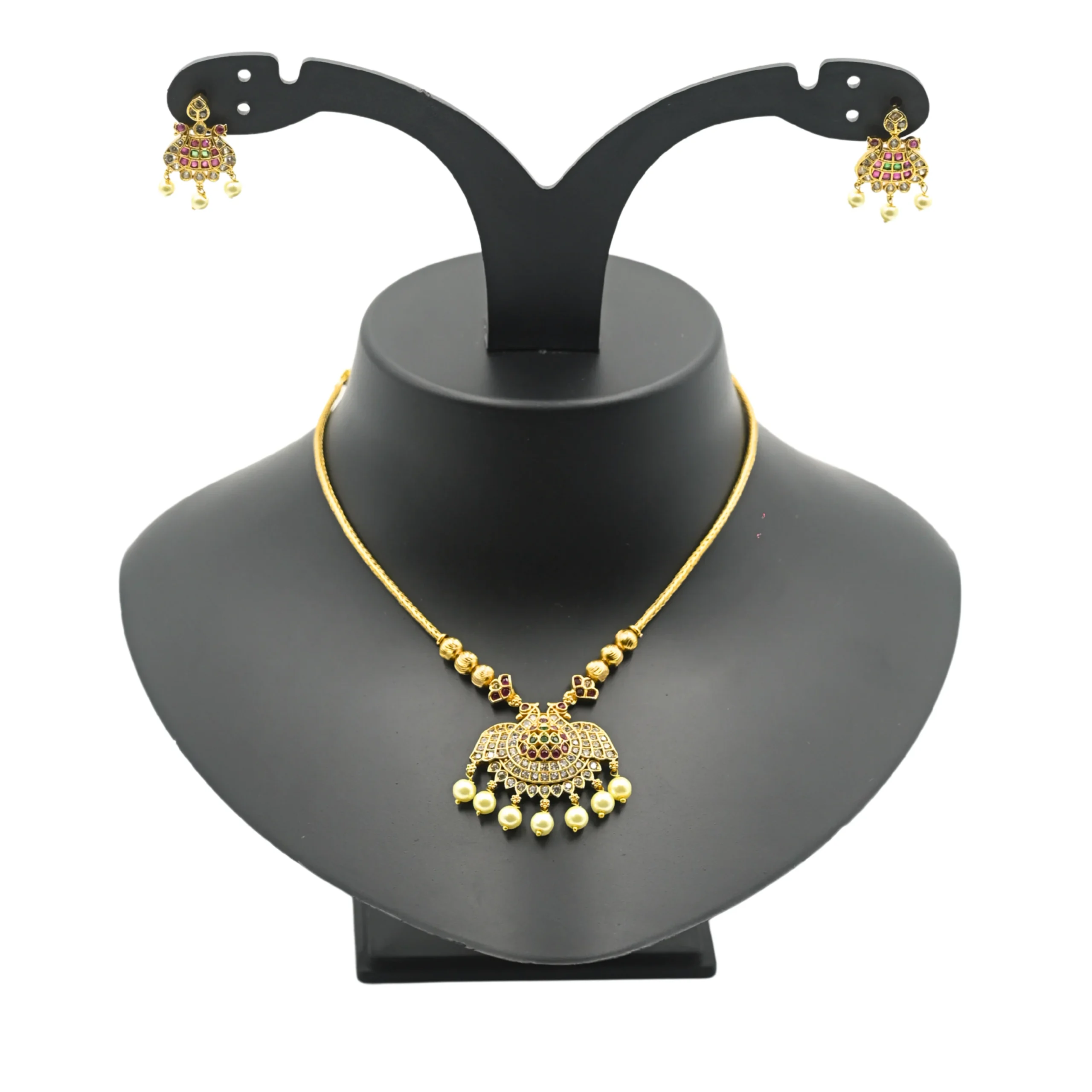 Diadeep Traditional Gold-Plated Ruby & Emerald Stone Necklace Set for Women | Temple Jewellery with Pearl Drops | Indian Bridal & Festive Wear Jewellery | Imitation Jewellery India