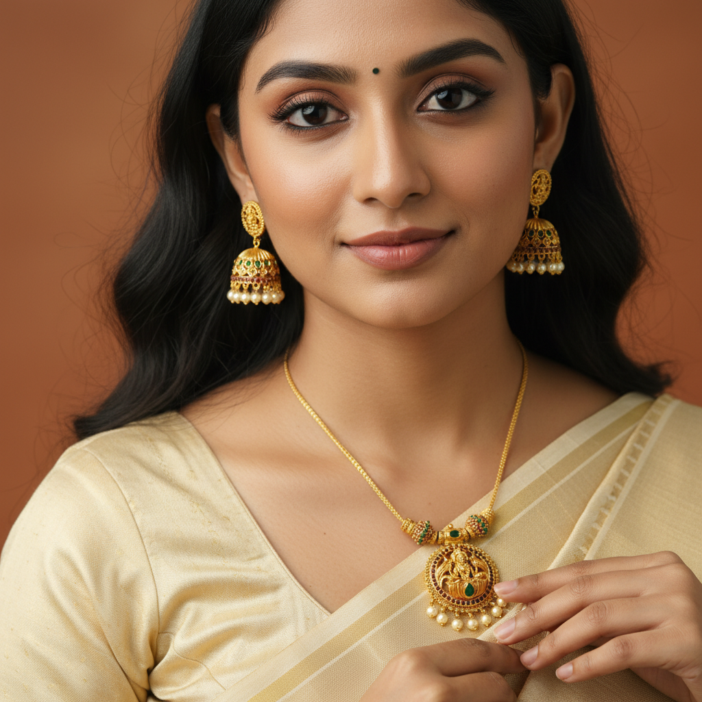 Diadeep Traditional Temple Jewellery Gold-Plated Lakshmi Pendant Necklace Set for Women | Ruby & Green Stone Handcrafted Jewellery with Pearl Drops | Bridal & Festive Wear Set | Imitation Jewellery India - Image 5