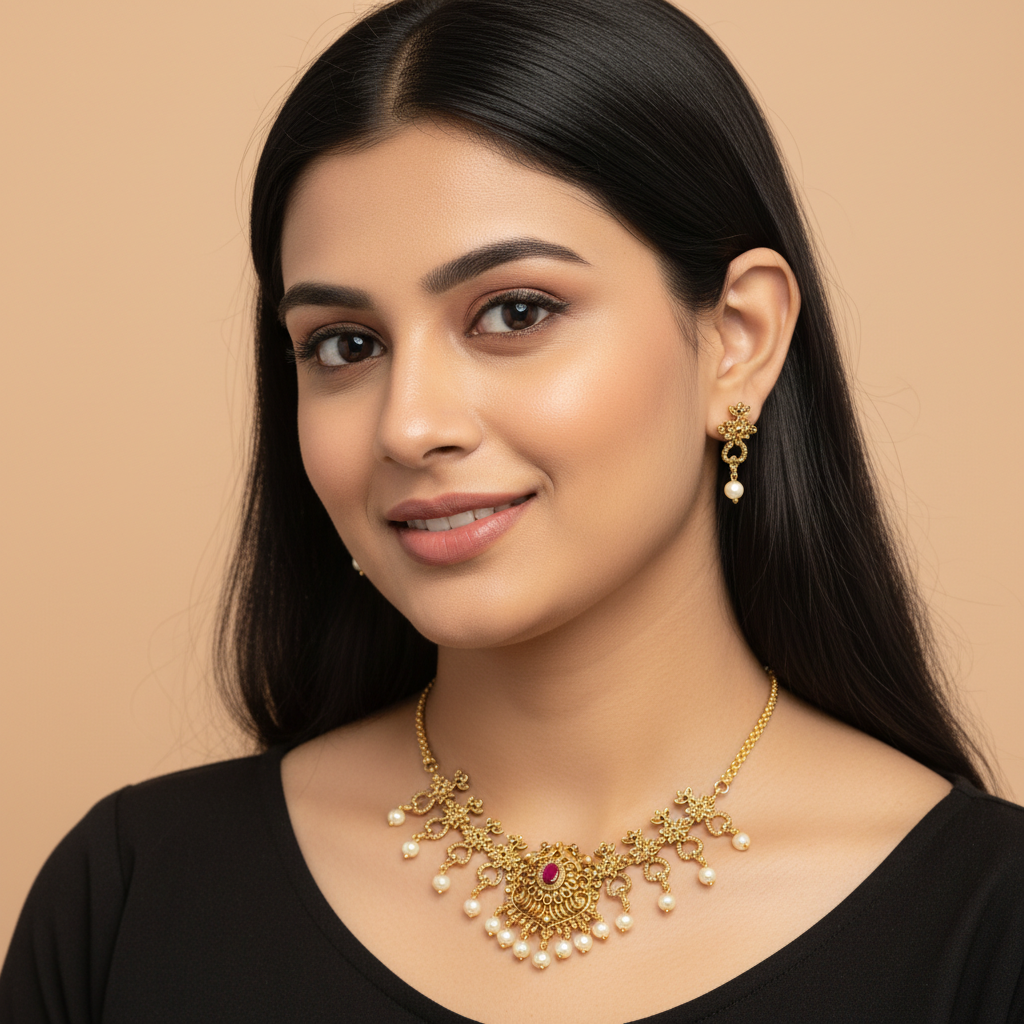 Diadeep Gold-Plated Ruby & Pearl Necklace for Women | Traditional Handcrafted Antique Jewellery | Designer Temple Necklace with American Diamonds | Festive & Wedding Wear | Imitation Jewellery India