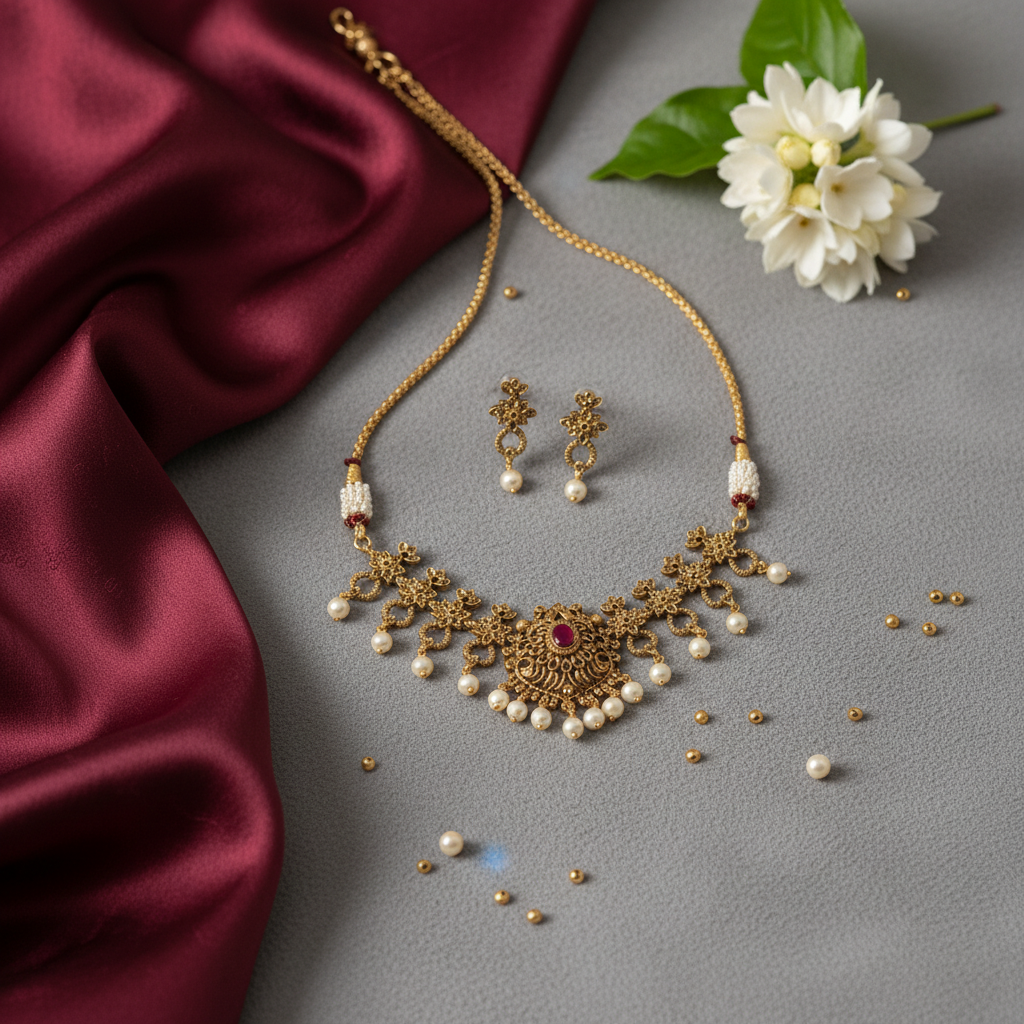 Diadeep Gold-Plated Ruby & Pearl Necklace for Women | Traditional Handcrafted Antique Jewellery | Designer Temple Necklace with American Diamonds | Festive & Wedding Wear | Imitation Jewellery India - Image 2