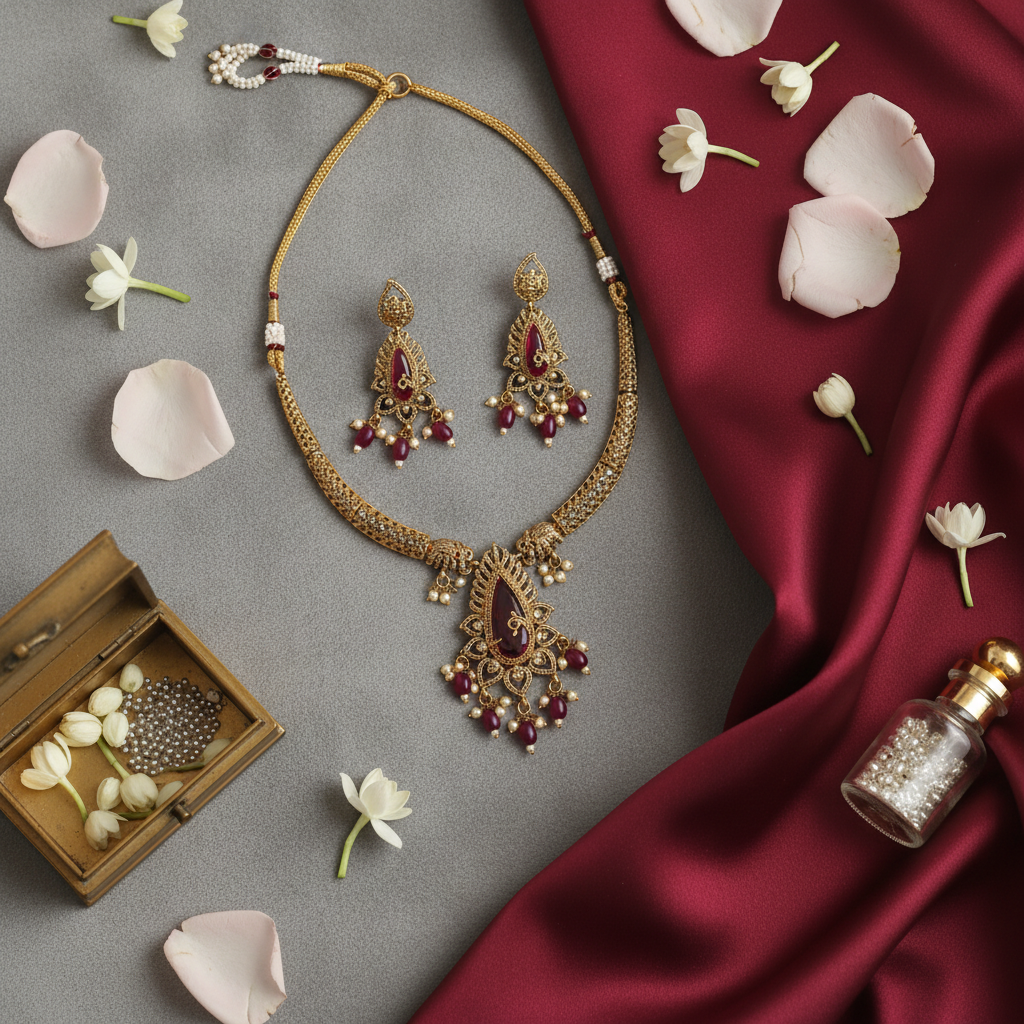 Diadeep Antique Gold-Plated Ruby & Pearl Necklace Set for Women | Traditional Handcrafted Jewellery with Matching Earrings | Bridal & Festive Wear Temple Jewellery | Imitation Jewellery India - Image 2