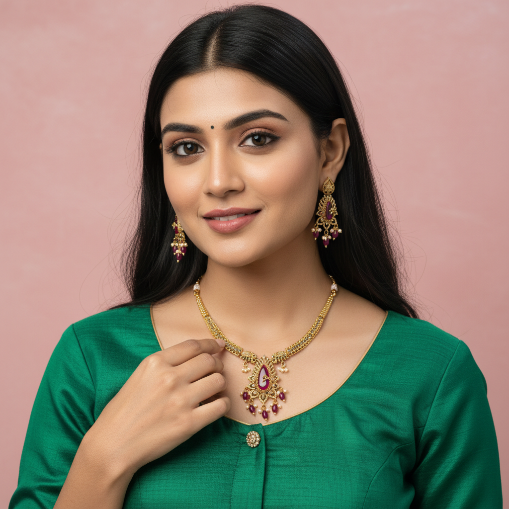 Diadeep Antique Gold-Plated Ruby & Pearl Necklace Set for Women | Traditional Handcrafted Jewellery with Matching Earrings | Bridal & Festive Wear Temple Jewellery | Imitation Jewellery India