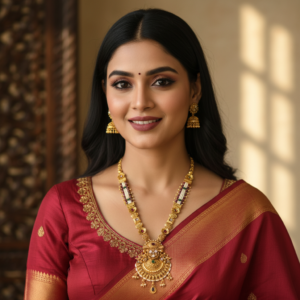 Diadeep Antique Gold-Plated Temple Necklace Set for Women | South Indian Bridal Long Haram with Kundan & Bead Work | Traditional Handcrafted Jewellery Set with Earrings | Imitation Gold Jewellery India