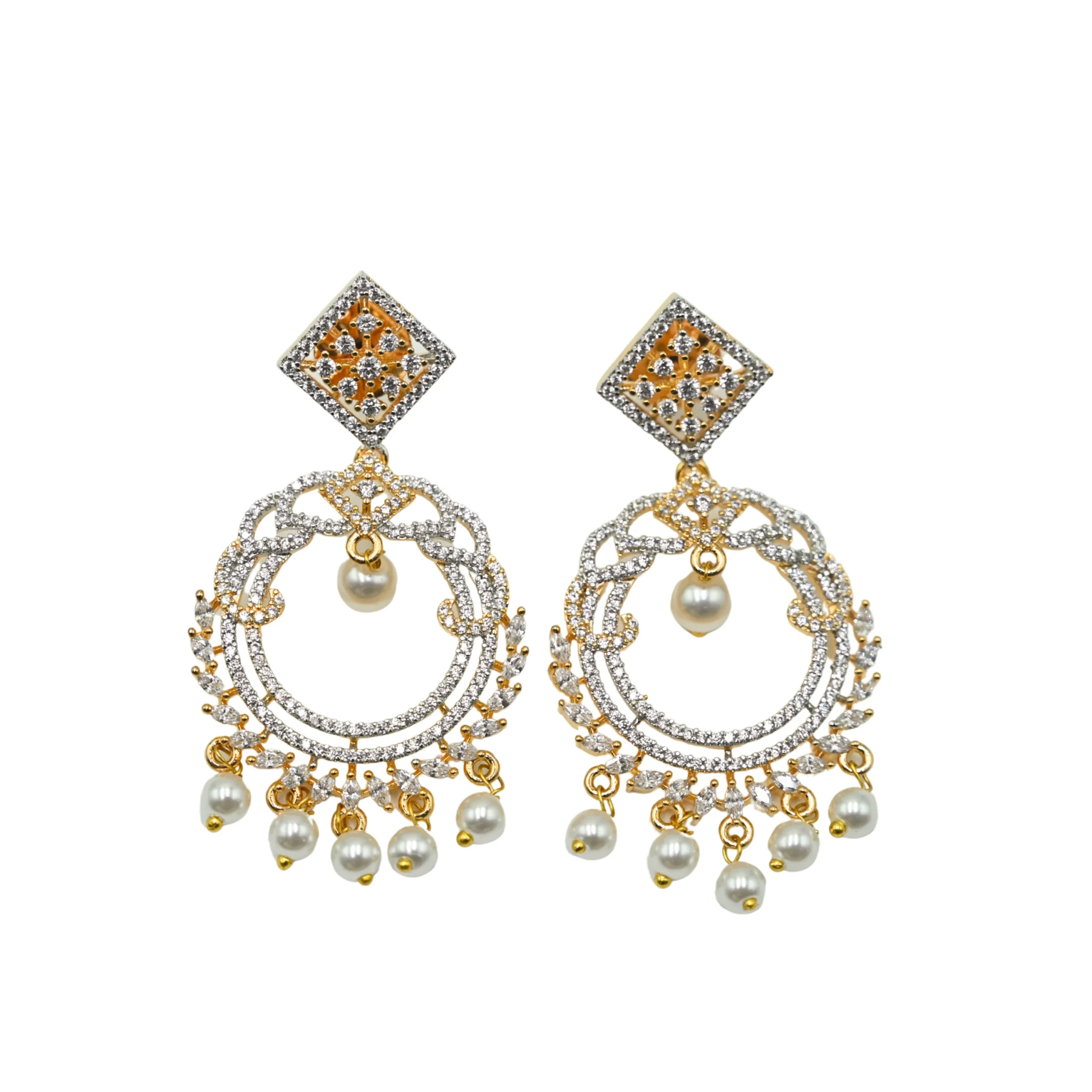 Diadeep Pearl & American Diamond Earrings for Women | Gold & Rhodium-Plated CZ Studded Hoop Earrings | Party, Festive & Bridal Wear Jewellery | Designer Artificial Earrings India