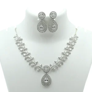 Diadeep Silver American Diamond Teardrop Necklace Set for Women | Rhodium-Plated CZ Jewellery with Matching Earrings | Bridal, Party & Festive Wear Jewellery Set