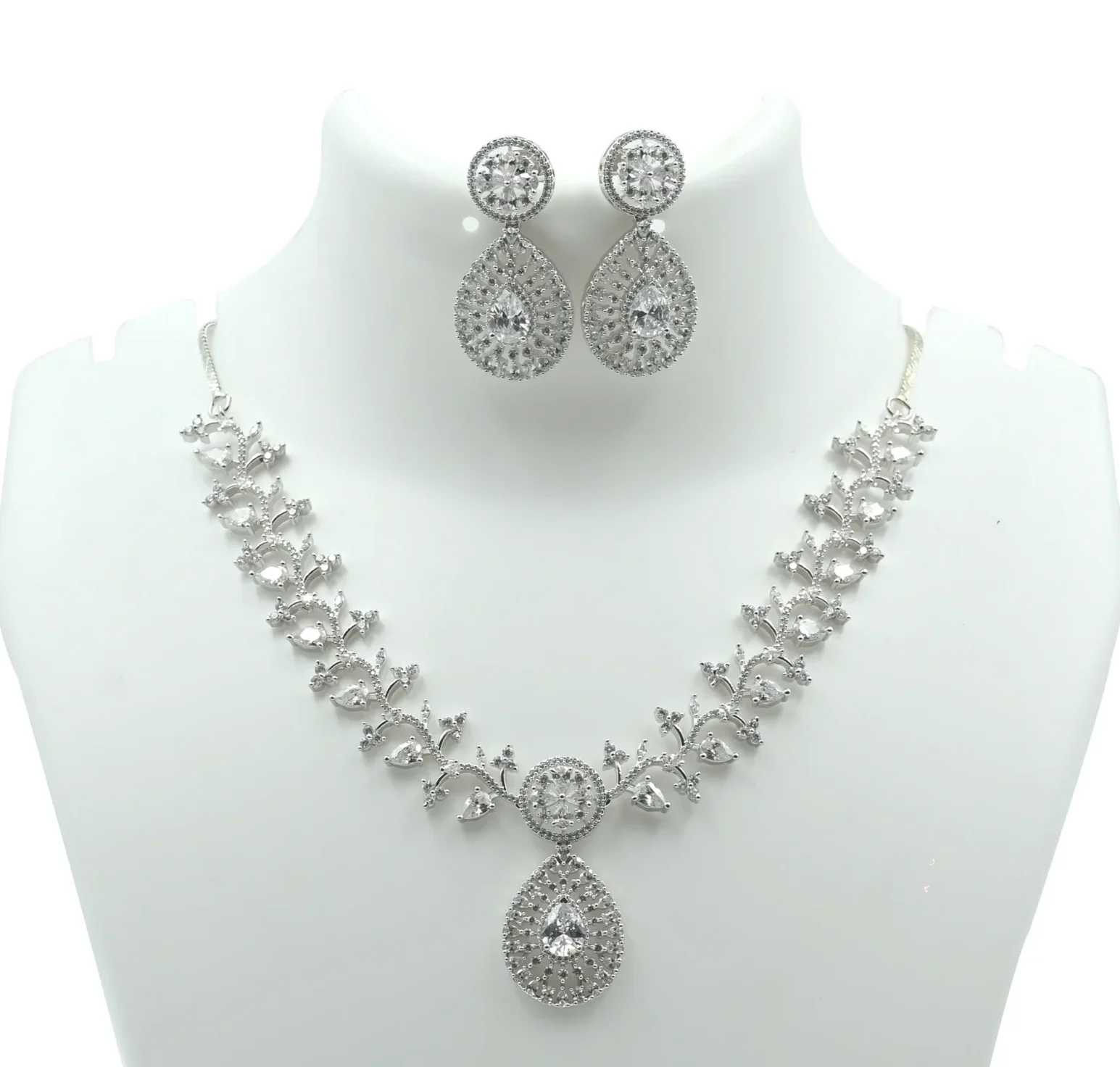 Diadeep Silver American Diamond Teardrop Necklace Set for Women | Rhodium-Plated CZ Jewellery with Matching Earrings | Bridal, Party & Festive Wear Jewellery Set