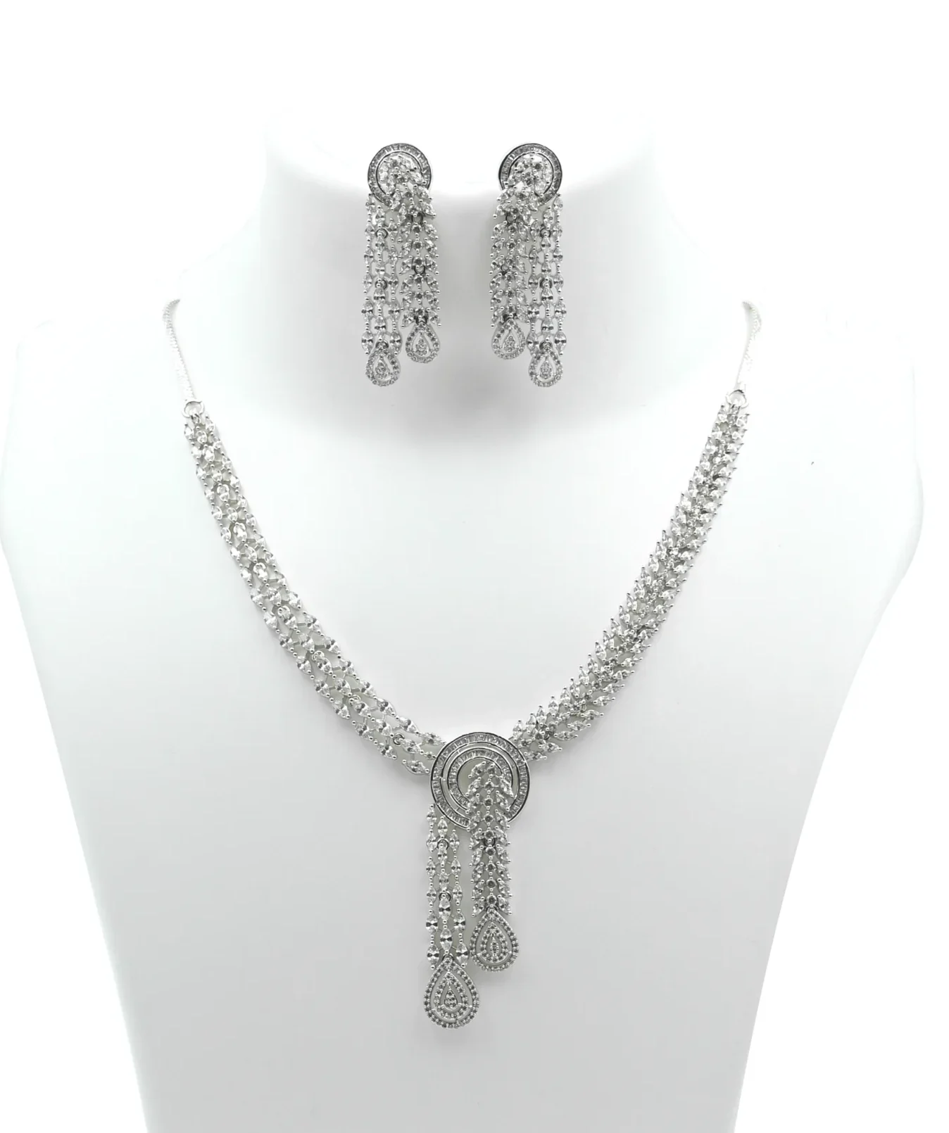 Diadeep Silver American Diamond Drop Necklace Set for Women | Rhodium-Plated CZ Jewellery with Matching Earrings | Bridal, Party & Festive Wear Jewellery Set