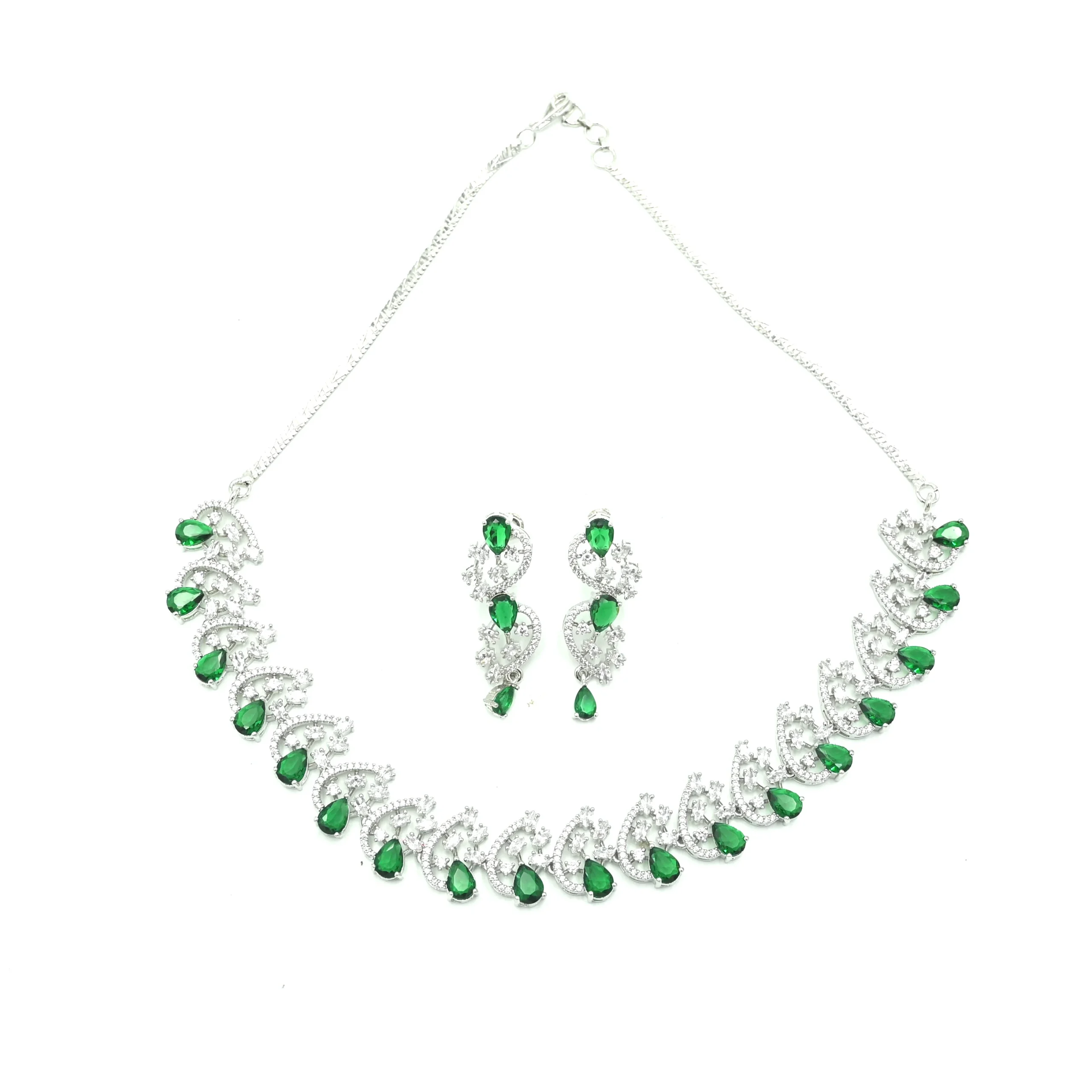 Diadeep Silver & Green American Diamond Necklace Set for Women | Rhodium-Plated CZ Jewellery with Earrings | Bridal, Wedding & Party Wear Jewellery Set