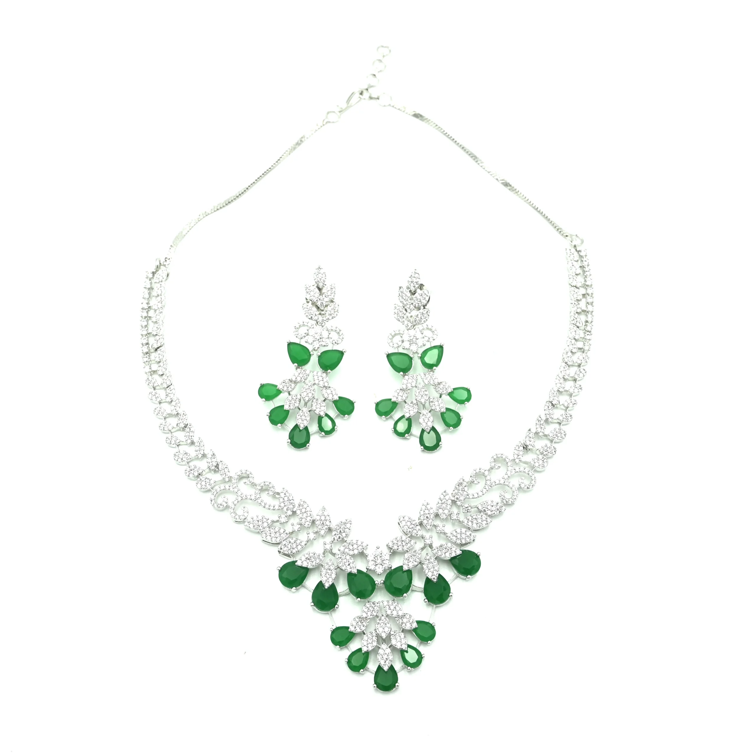 Diadeep Silver & Green American Diamond Necklace Set for Women | Rhodium-Plated CZ Necklace with Matching Earrings | Bridal, Party & Festive Wear Jewellery