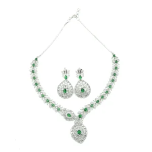 Diadeep Silver & Green American Diamond Necklace Set for Women | Rhodium-Plated CZ Jewellery with Matching Earrings | Bridal, Party & Festive Wear Jewellery Set