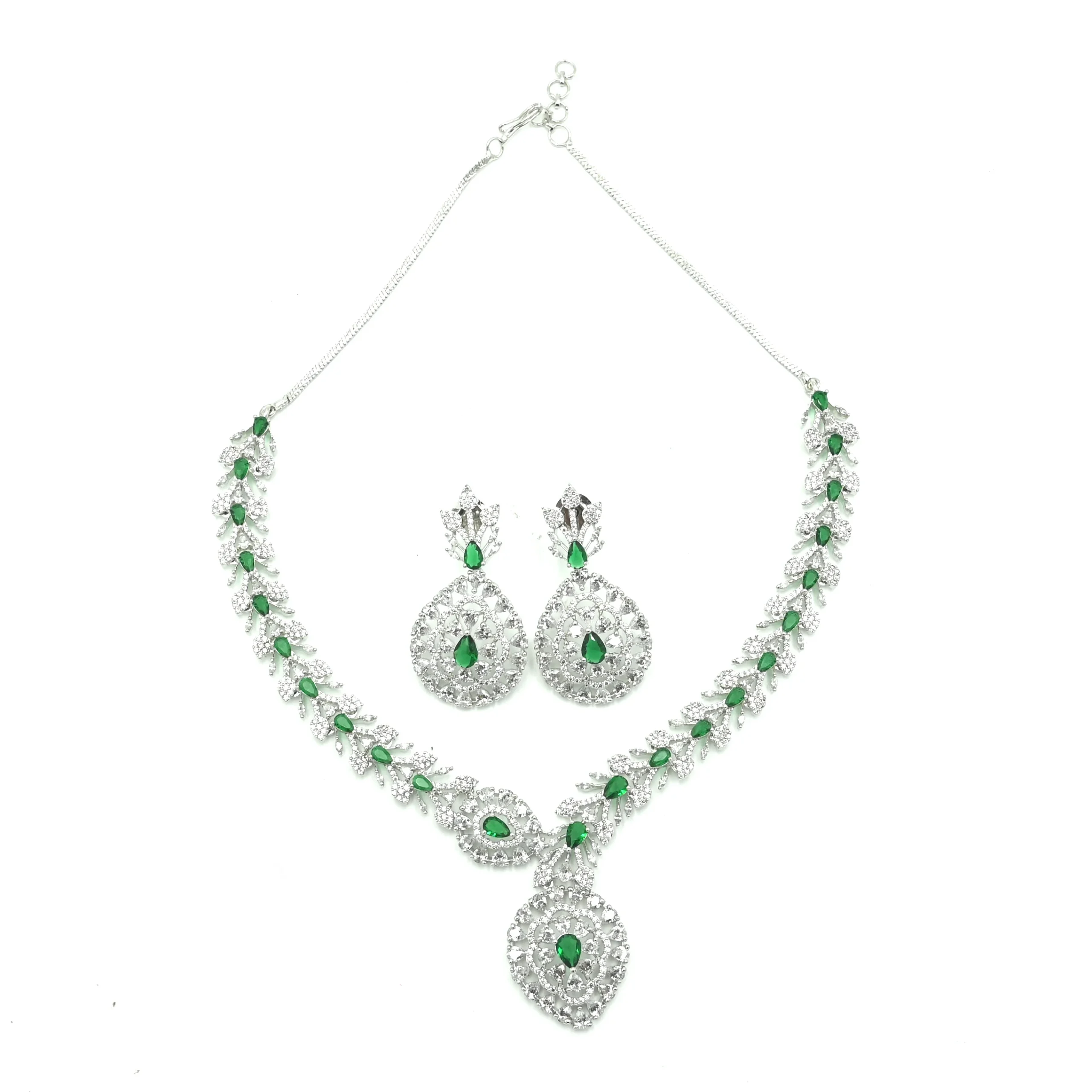 Diadeep Silver & Green American Diamond Necklace Set for Women | Rhodium-Plated CZ Jewellery with Matching Earrings | Bridal, Party & Festive Wear Jewellery Set