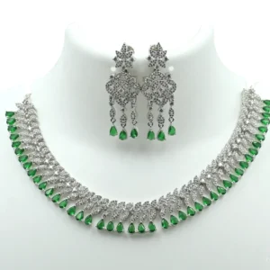 Diadeep Silver & Green American Diamond Necklace Set for Women | Rhodium-Plated CZ Necklace with Matching Earrings | Bridal, Festive & Party Wear Jewellery Set