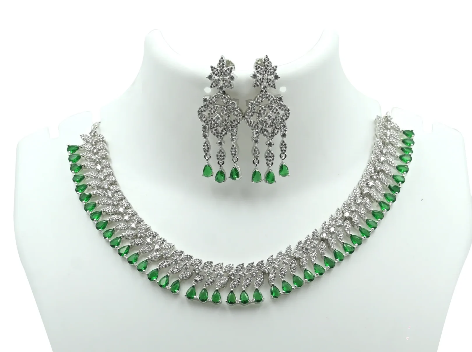 Diadeep Silver & Green American Diamond Necklace Set for Women | Rhodium-Plated CZ Necklace with Matching Earrings | Bridal, Festive & Party Wear Jewellery Set