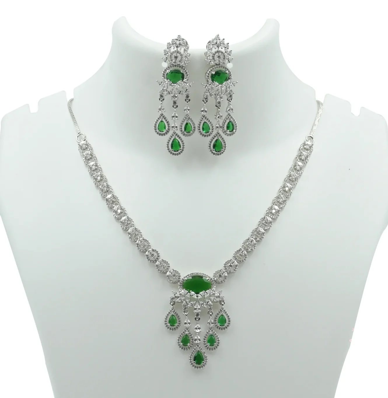 Diadeep Silver & Green American Diamond Necklace Set for Women | Rhodium-Plated CZ Jewellery with Matching Earrings | Bridal, Party & Festive Wear Jewellery Set