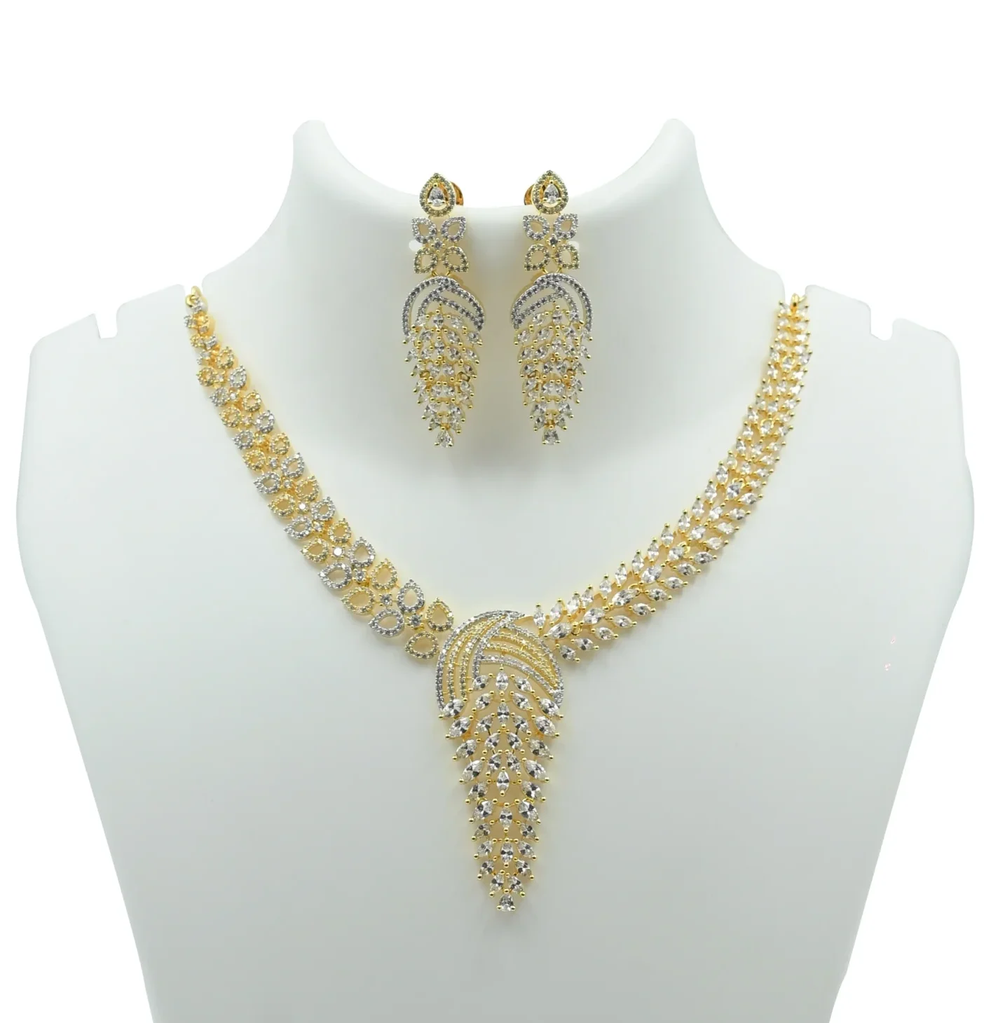 Diadeep Gold American Diamond Necklace Set for Women | Golden toned CZ Jewellery with Matching Earrings | Bridal, Party & Festive Wear Necklace Set