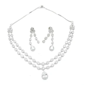 DIADEEP Rhodium-Plated White Cubic Zirconia Studded Luxe Double-Layer Necklace Set