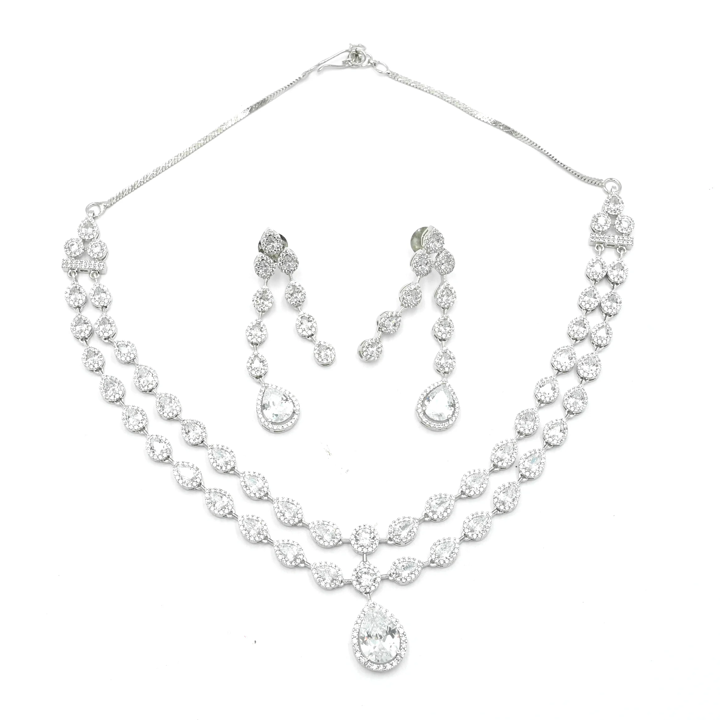DIADEEP Rhodium-Plated White Cubic Zirconia Studded Luxe Double-Layer Necklace Set