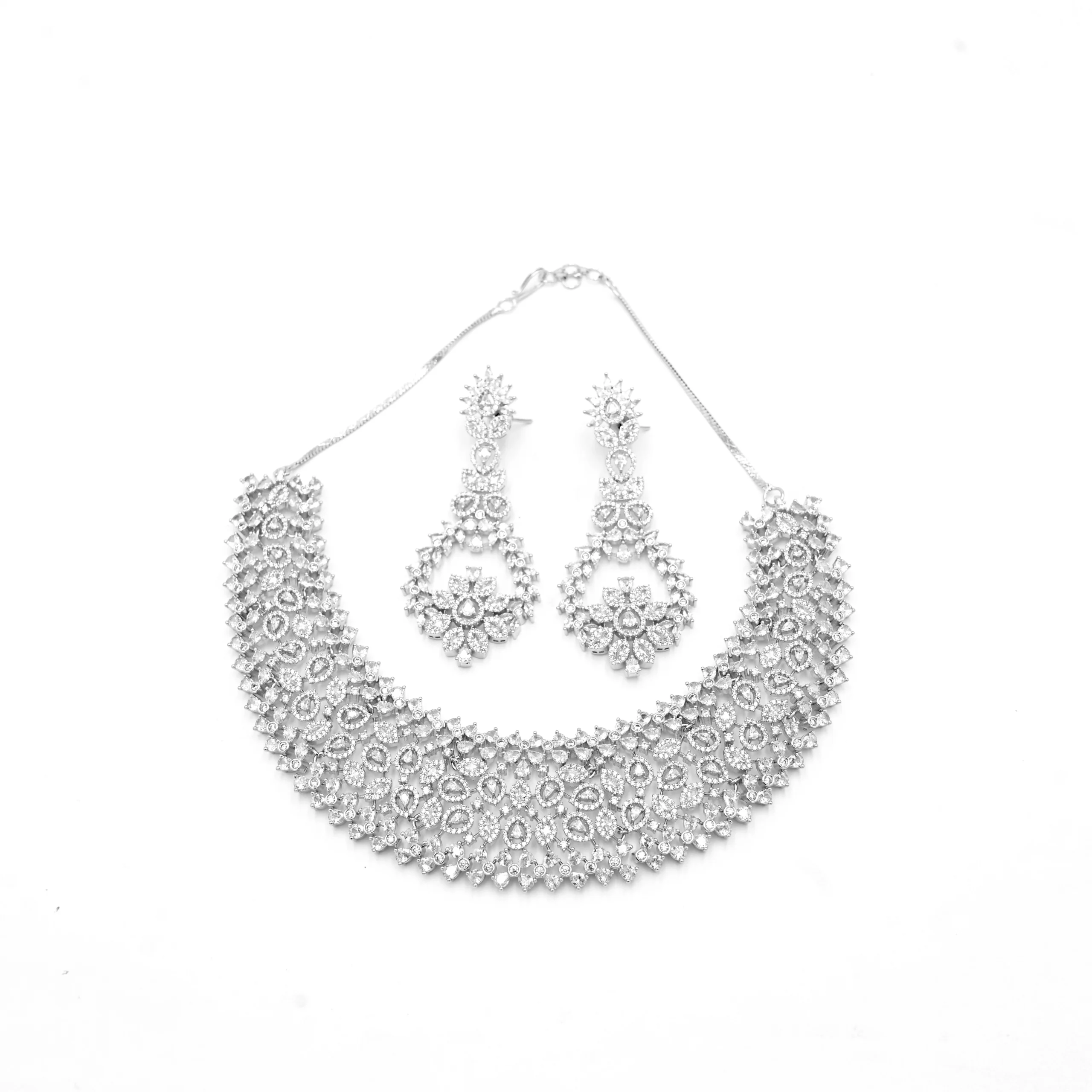 Diadeep Silver American Diamond Necklace Set for Women | Floral Design CZ Jewellery with Earrings | Rhodium-Plated Bridal & Party Wear Choker Set - Image 2