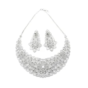 Diadeep Silver American Diamond Necklace Set for Women | Rhodium-Plated Floral Design CZ Jewellery with Earrings | Bridal, Wedding & Party Wear Jewellery Set