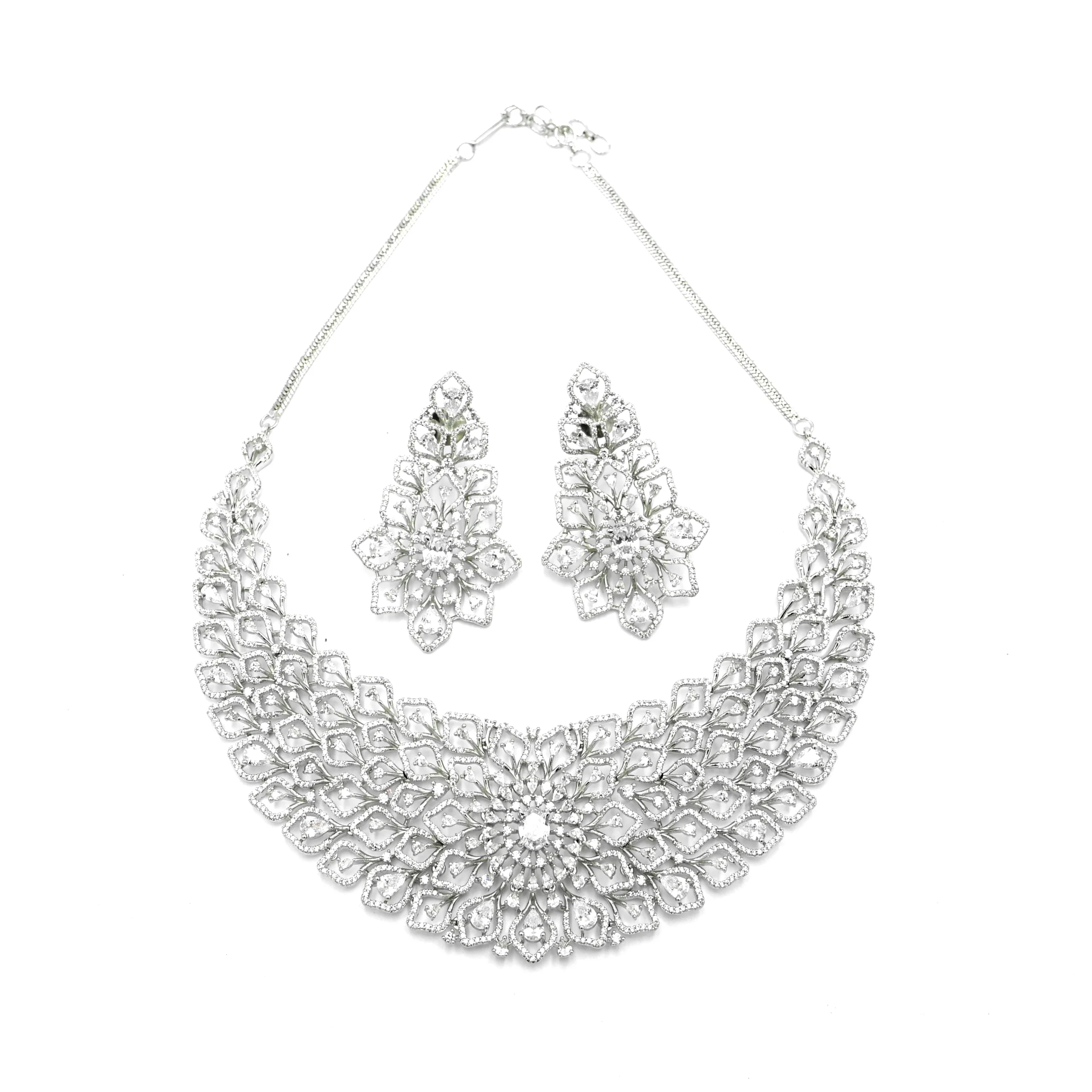 Diadeep Silver American Diamond Necklace Set for Women | Rhodium-Plated Floral Design CZ Jewellery with Earrings | Bridal, Wedding & Party Wear Jewellery Set