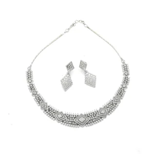 Diadeep Silver American Diamond Necklace Set for Women | Rhodium-Plated Geometric CZ Jewellery with Earrings | Bridal, Party & Festive Wear Jewellery Set