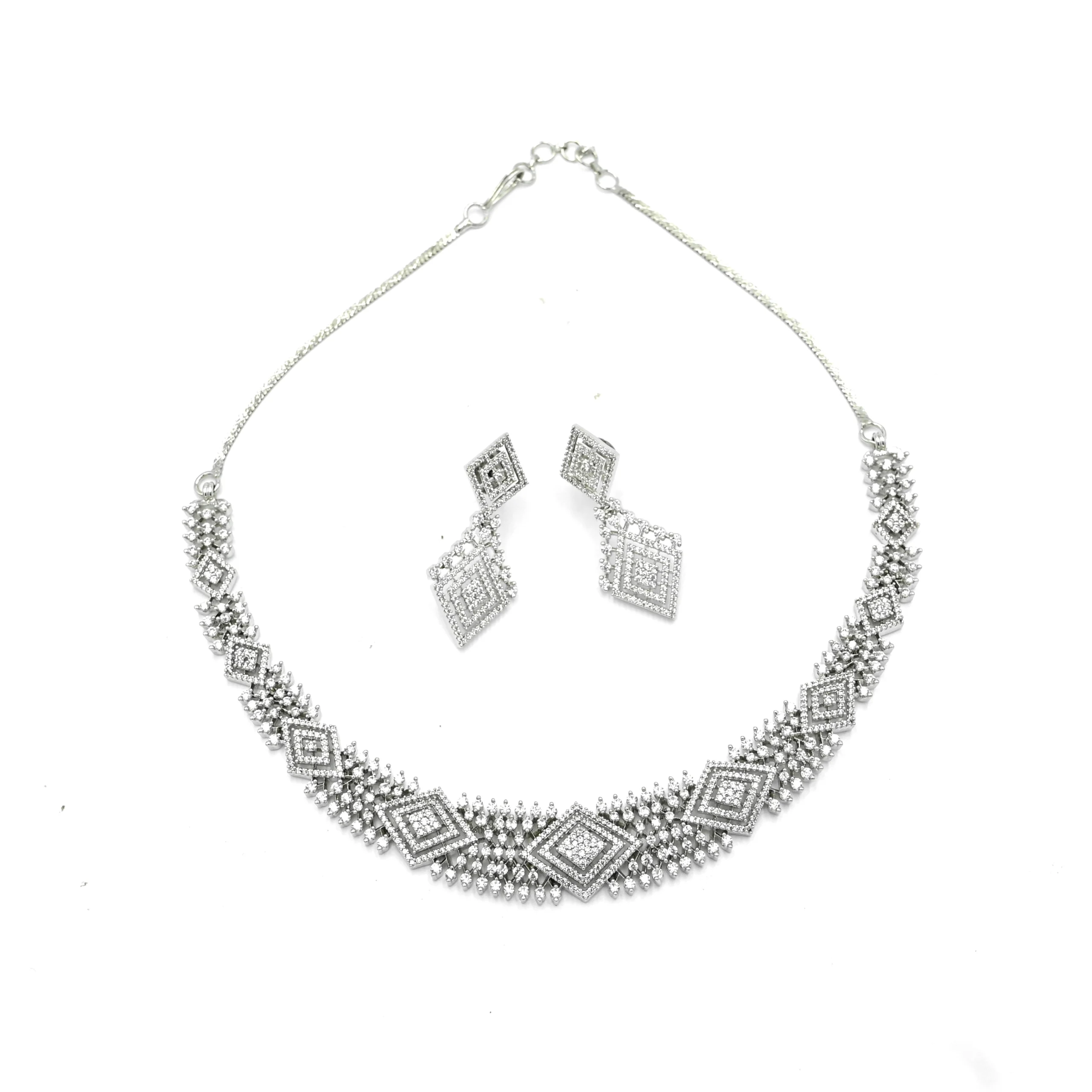 Diadeep Silver American Diamond Necklace Set for Women | Rhodium-Plated Geometric CZ Jewellery with Earrings | Bridal, Party & Festive Wear Jewellery Set