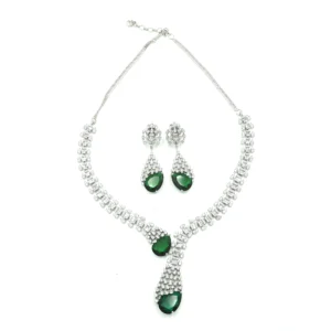 Diadeep Silver & Green American Diamond Necklace Set for Women | Rhodium-Plated CZ Jewellery with Earrings | Bridal, Party & Festive Wear Jewellery Set