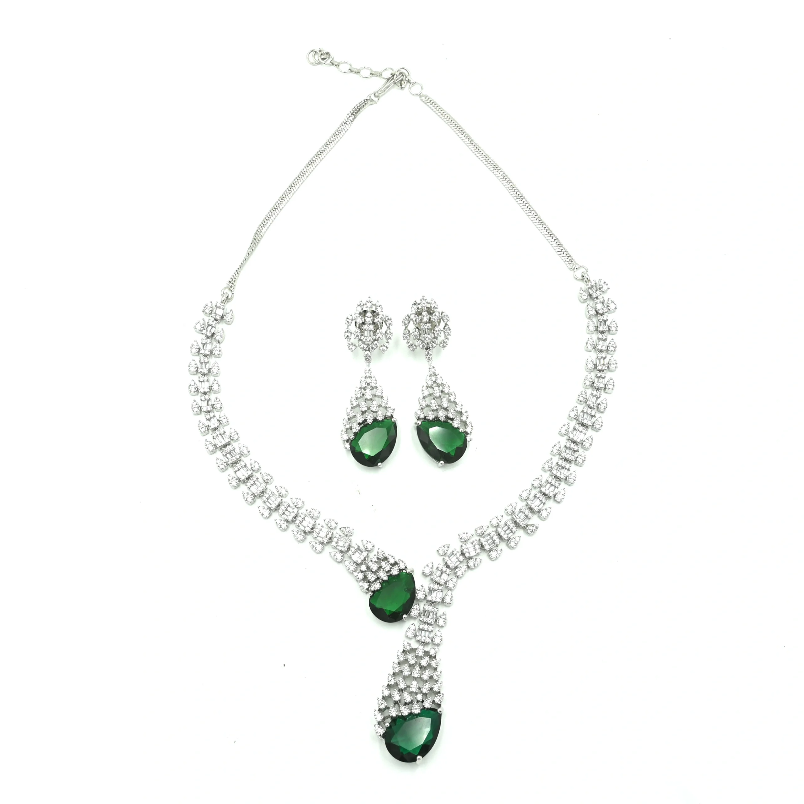Diadeep Silver & Green American Diamond Necklace Set for Women | Rhodium-Plated CZ Jewellery with Earrings | Bridal, Party & Festive Wear Jewellery Set
