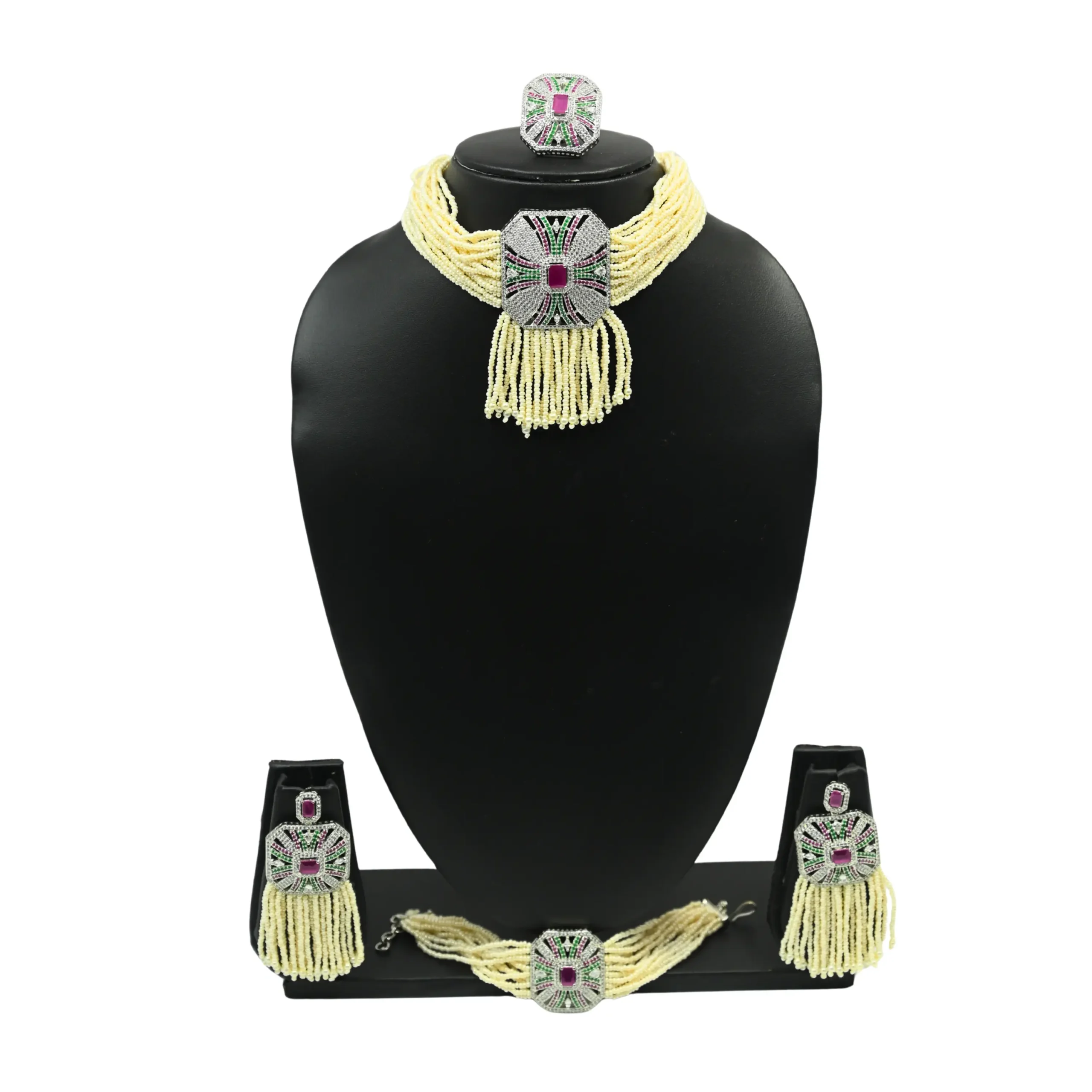 Diadeep Silver-Toned American Diamond Choker Set with Pearls | Elegant Bridal Jewellery Set for Women | Handcrafted AD Necklace with Earrings, Bracelet & Ring | Party, Wedding & Festive Jewellery India