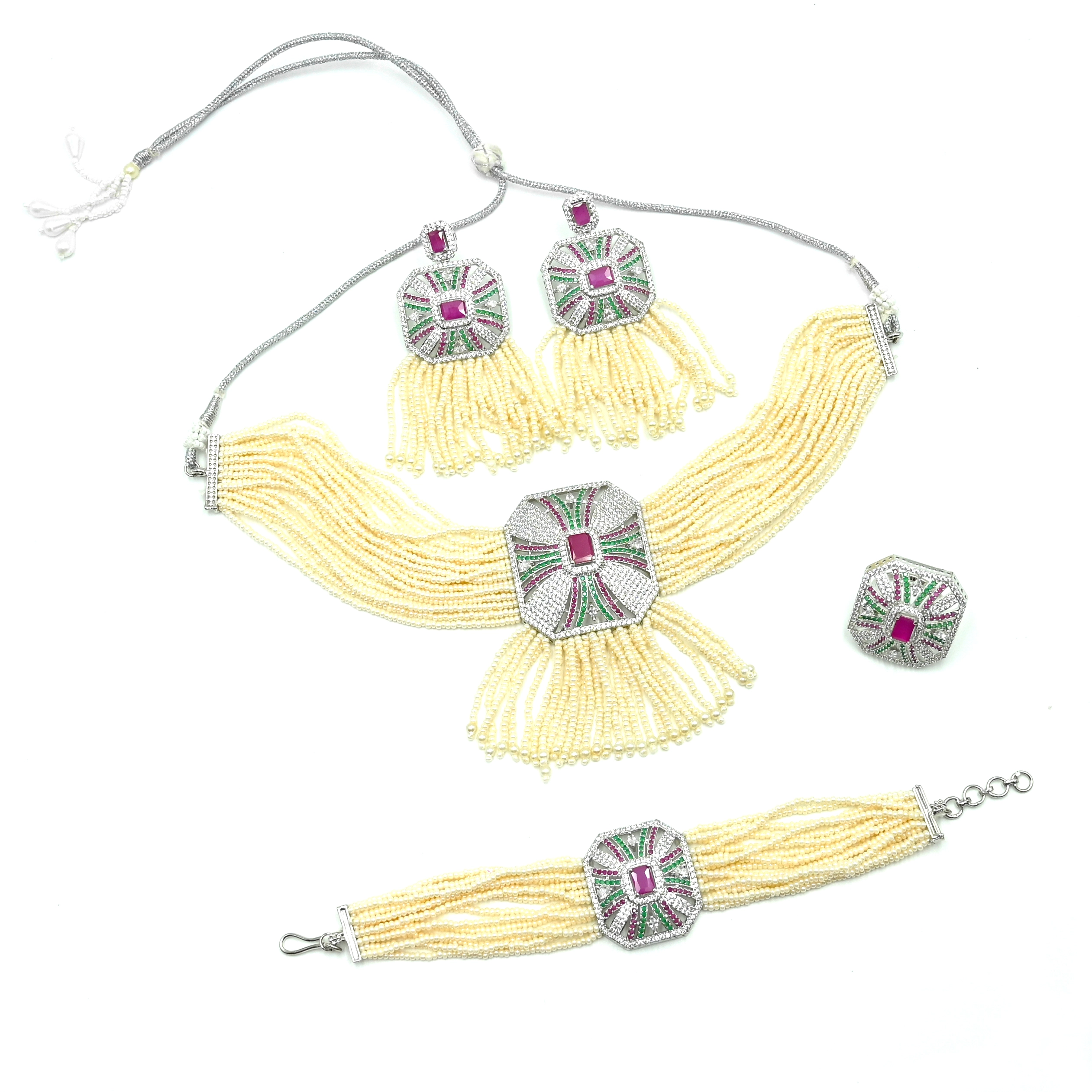 Silver-Toned American Diamond Choker Set with Pearls Full set - Image 3