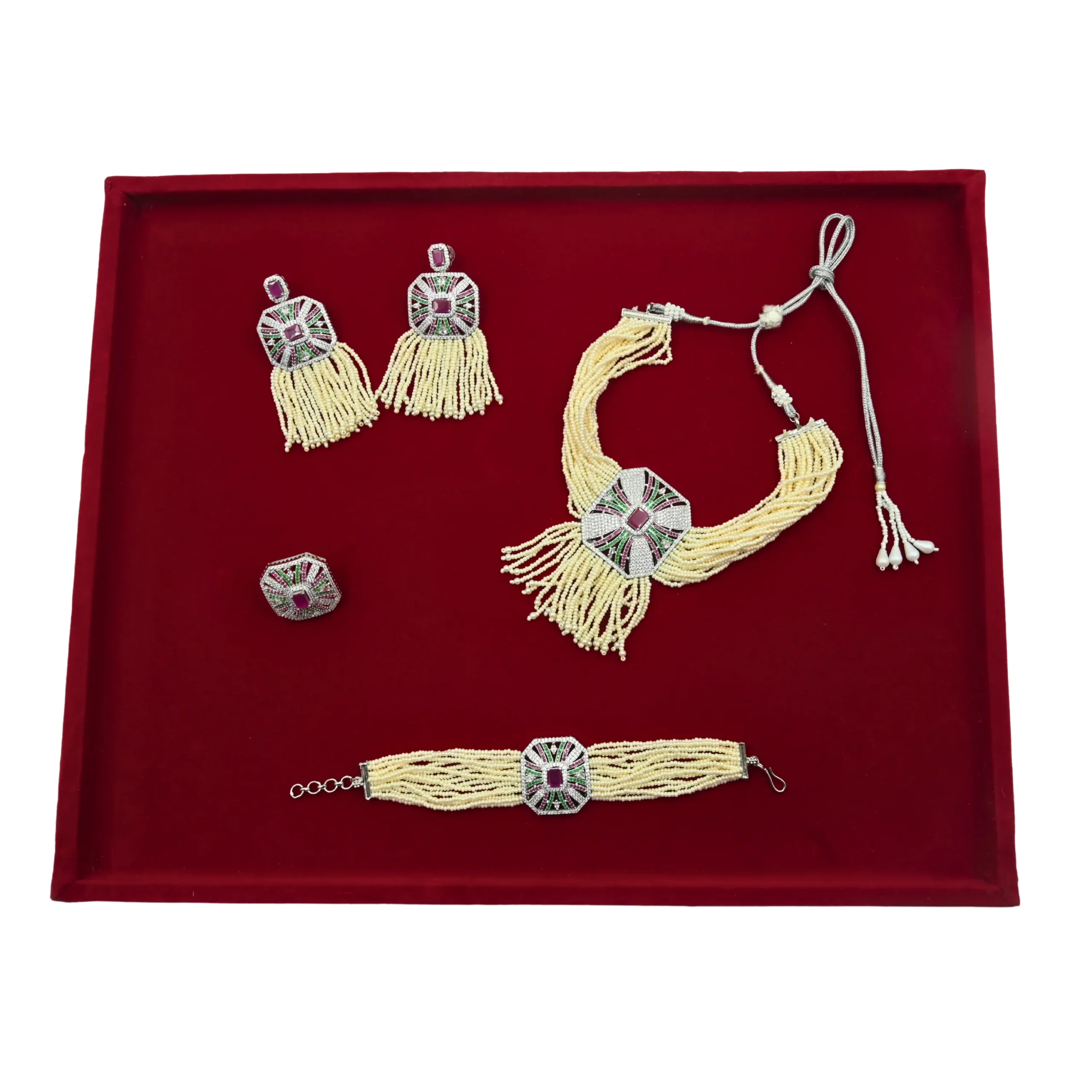 Silver-Toned American Diamond Choker Set with Pearls Full set - Image 7