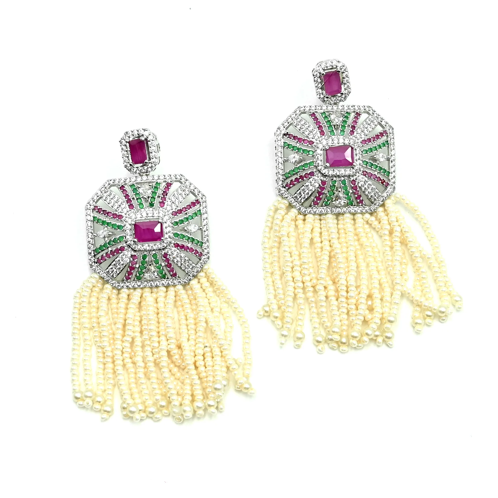 Silver-Toned American Diamond Choker Set with Pearls Full set - Image 6