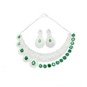 Diadeep Silver & Green American Diamond Necklace Set for Women | Rhodium-Plated CZ Jewellery with Emerald Green Stones & Earrings | Bridal & Party Wear Jewellery Set