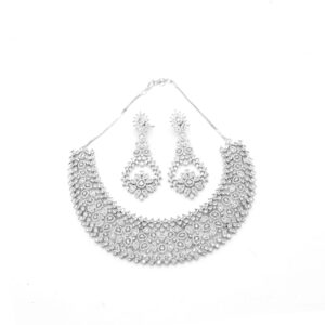 Diadeep Silver American Diamond Necklace Set for Women | Floral Design CZ Jewellery with Earrings | Rhodium-Plated Bridal & Party Wear Choker Set