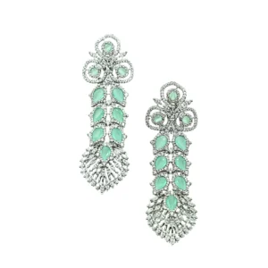 Diadeep Green & Silver American Diamond Earrings for Women | Rhodium-Plated Long CZ Studded Earrings | Designer Party & Bridal Wear Jewellery | Imitation Jewellery India