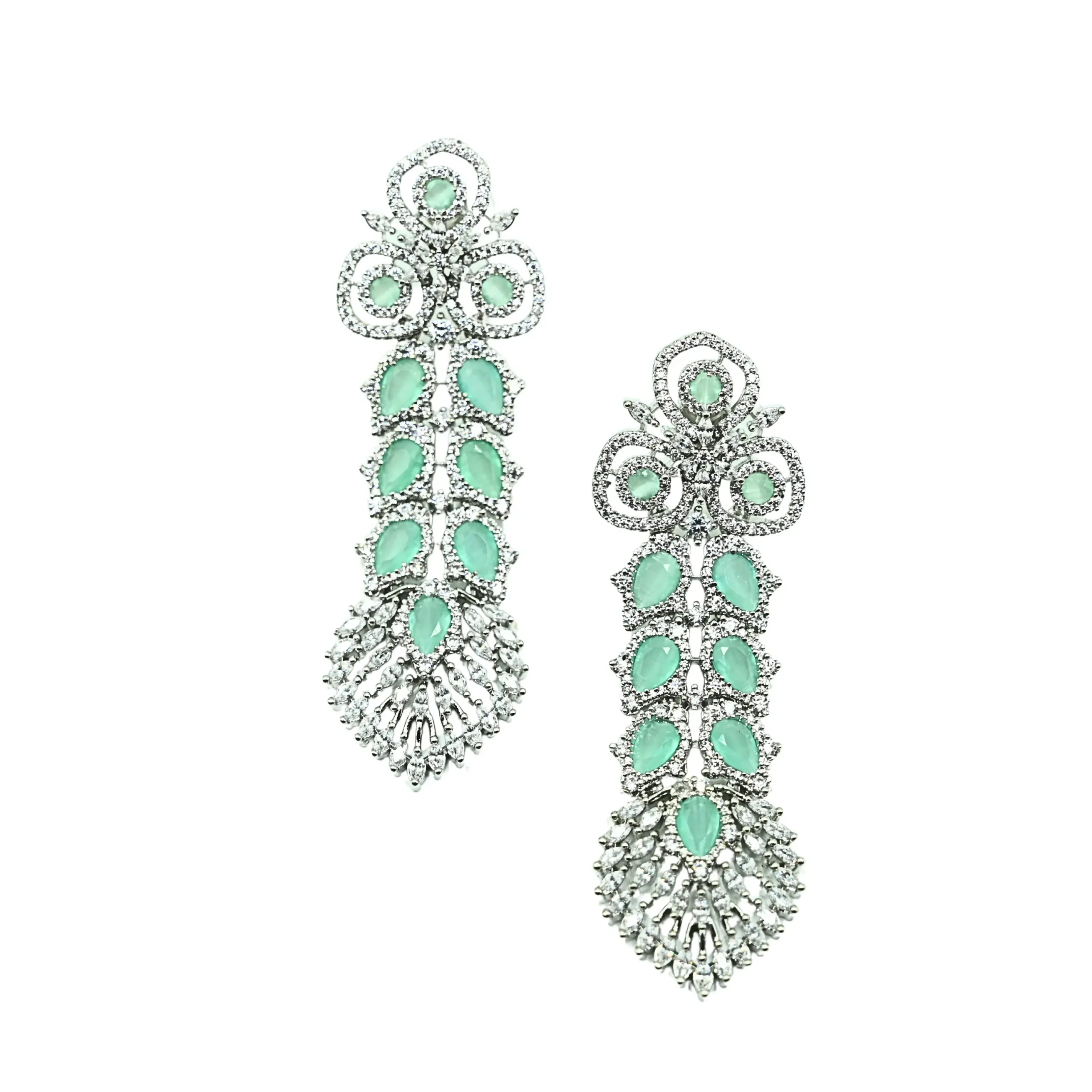 Diadeep Green & Silver American Diamond Earrings for Women | Rhodium-Plated Long CZ Studded Earrings | Designer Party & Bridal Wear Jewellery | Imitation Jewellery India