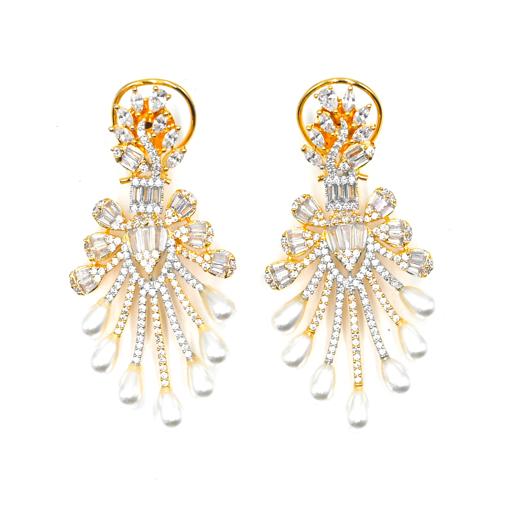 Diadeep Pearl Drop & American Diamond Earrings for Women | Dual-Tone Gold/Silver & Rhodium Plated CZ Studded Earrings | Designer Bridal & Party Wear Jewellery | Imitation Jewellery India