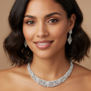 Diadeep Silver American Diamond Necklace Set for Women | Rhodium-Plated Geometric CZ Jewellery with Earrings | Bridal, Party & Festive Wear Jewellery Set