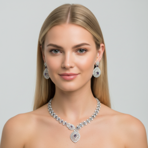 Diadeep Silver & Green American Diamond Necklace Set for Women | Rhodium-Plated CZ Jewellery with Matching Earrings | Bridal, Party & Festive Wear Jewellery Set